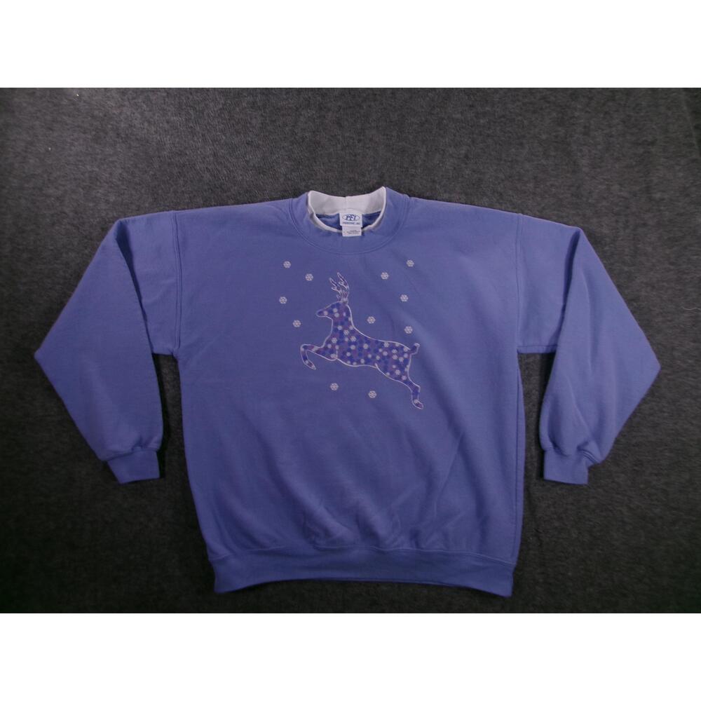 PFI Fashions Sweatshirt Womens L Periwinkle Christmas Reindeer Cozy Vintage